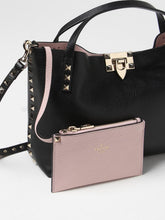 Valentino Bag, Black Leather Rockstud Small Tote Bag with Pink Interior