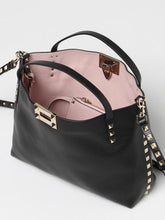 Valentino Bag, Black Leather Rockstud Small Tote Bag with Pink Interior