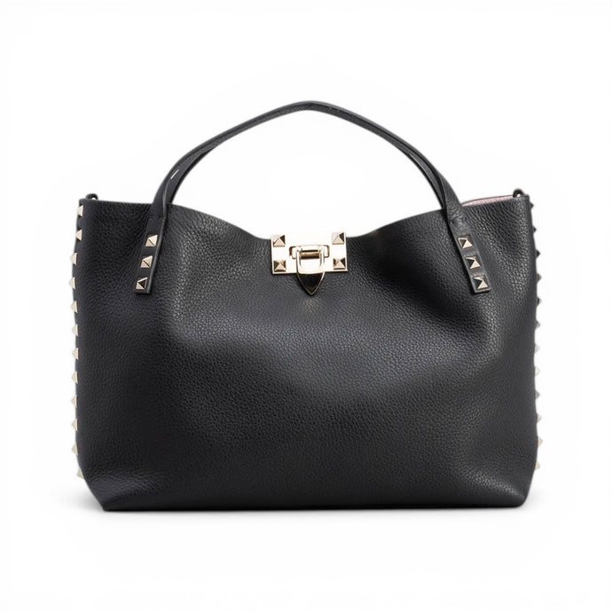 Valentino Bag, Black Leather Rockstud Small Tote Bag with Pink Interior