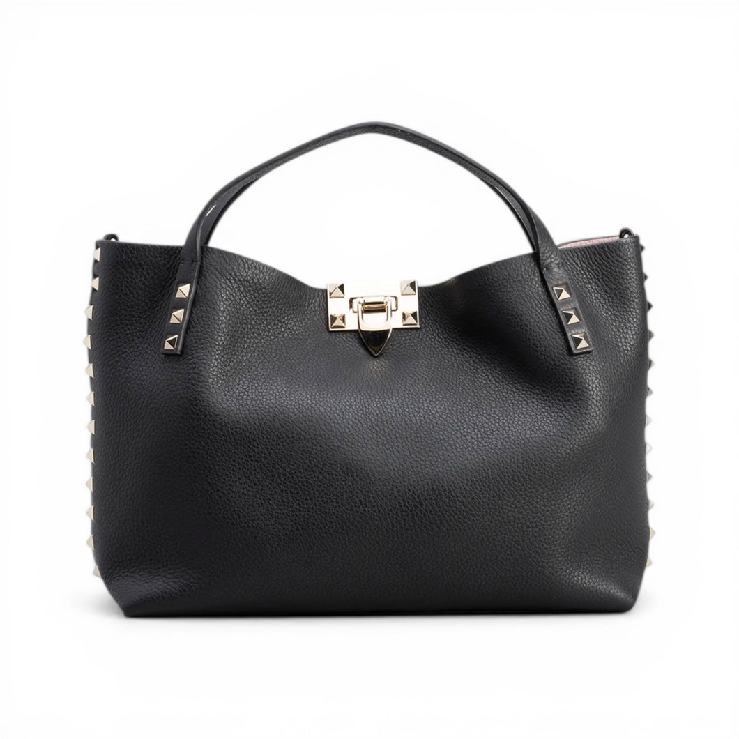 Valentino Bag, Black Leather Rockstud Small Tote Bag with Pink Interior