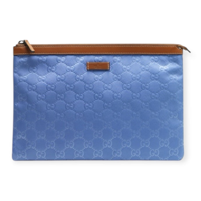 Gucci Bag, Blue Nylon Monogram Top Zip Large Pouch
