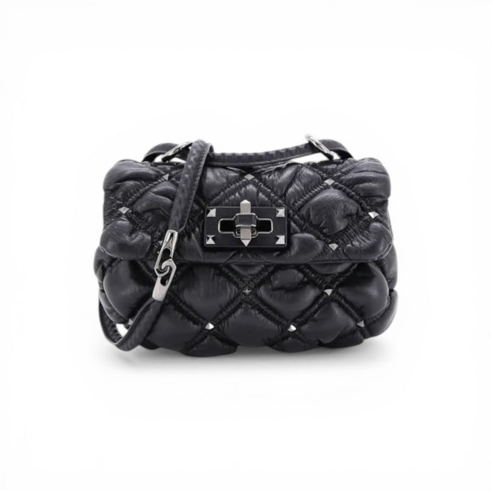 Valentino Bag, Black Leather SpikeMe Flap Bag Quilted Small Crossbody