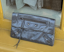 Balenciaga Bag, Blue Metallic Lambskin Leather Classic Envelope Clutch
