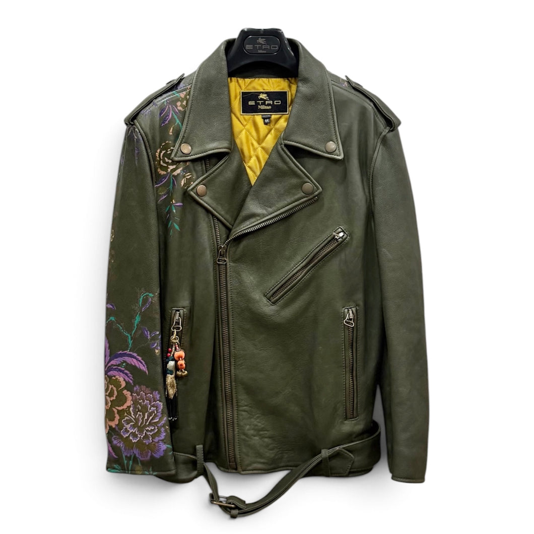 Etro Milano Olive Green Leather  Motorcycle Jacket