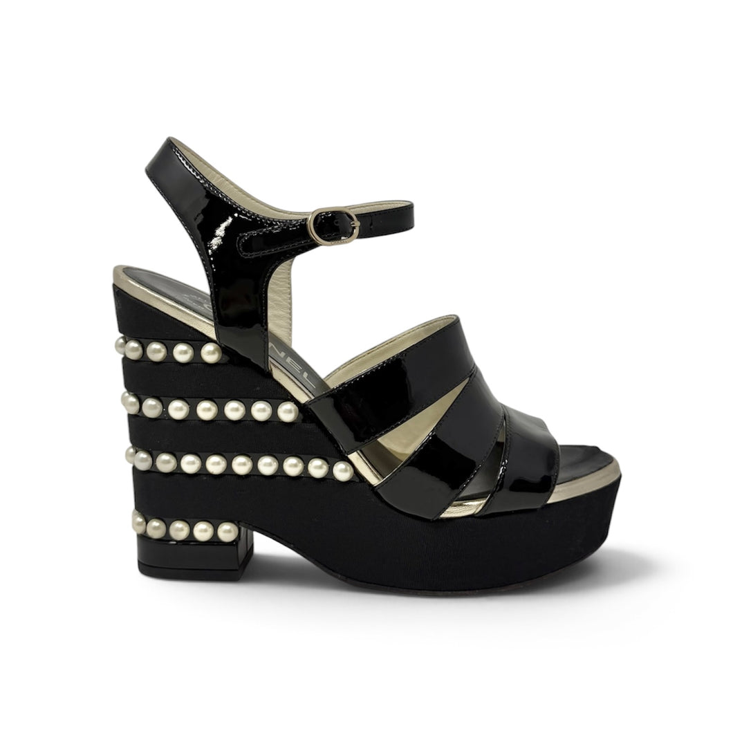 Chanel Shoes, Black Leather CC Faux Pearl Wedge Strappy Sandals (size 37)