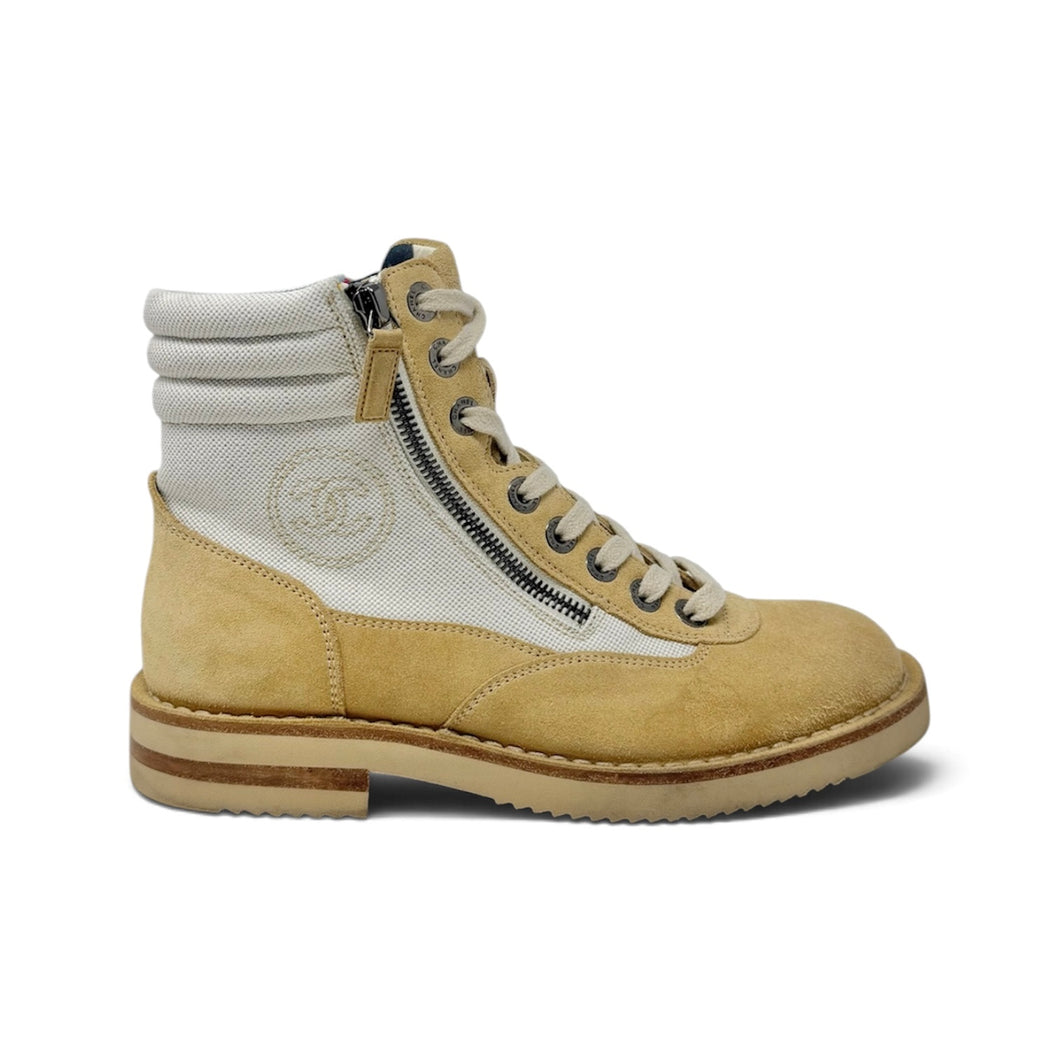 Chanel Shoes, Beige CC Logo Suede and Canvas Combat Boots (size 37.5)