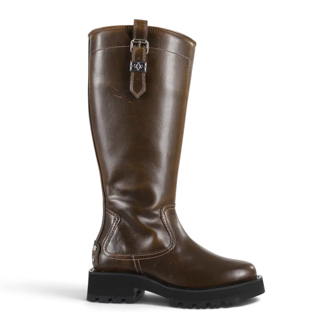 Ganni Shoes, Brown Buckle-Detail Studs Knee-High Boots (size 37)