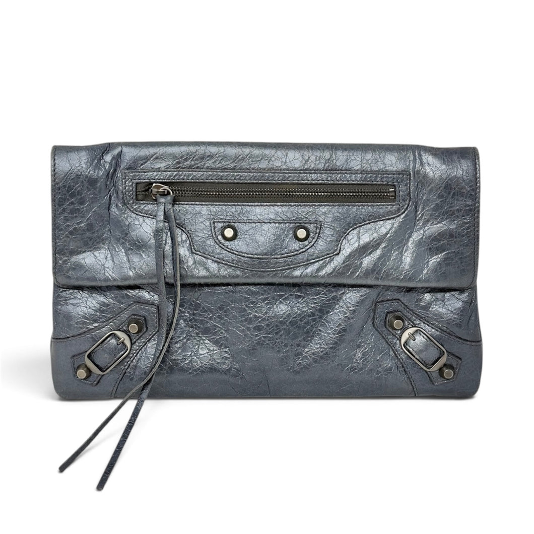 Balenciaga Bag, Blue Metallic Lambskin Leather Classic Envelope Clutch